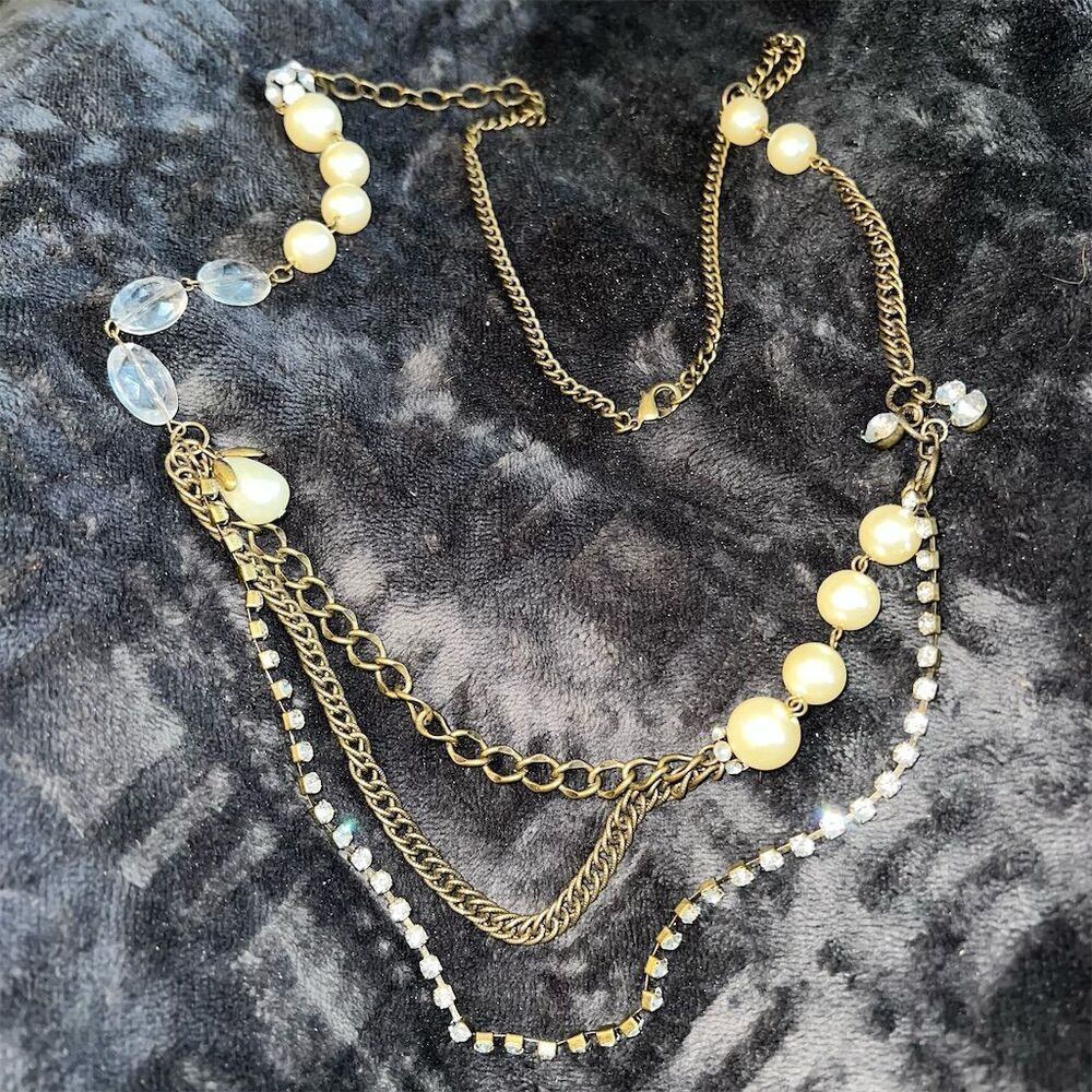 Vintage Multi-Strand Faux Pearl & Crystal Statement Necklace